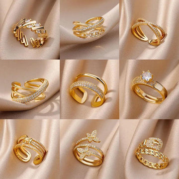 New Gold Colour Adjustable Stainless Steel AAA Zircon Crystals Double Layer Open Rings, Fashion Aesthetic Jewellery - The Jewellery Supermarket